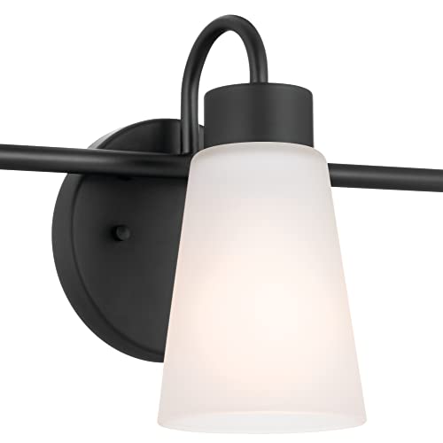 Image of Kichler Erma 3-Light Bathroom Vanity Light Fixture with Satin Etched Glass Shades, Modern Traditional Wall Mount Lighting in Black for over Mirror (23 x 8.5 x 6 in), 45887BK