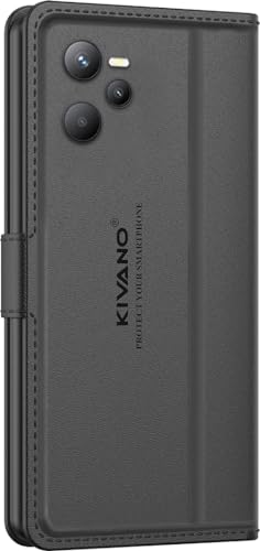 Image of KIVANO LUXE Compatible for Realme Narzo 50A Prime /Realme C35 Luxury Handmade Leather Magnetic Flip Folio Case | Card Holder & Kickstand | Slim Protective Cover | Unisex - Black