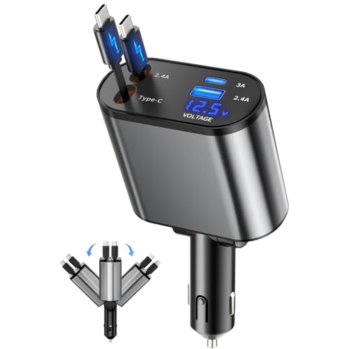 Powice 4 in 1 Auto Ladegerät, 60W Autoladegerät Zigarettenanzünder, Ladekabel Auto Zigarettenanzünder mit Einziehbare Typ-C Kabel/USB C/USB A, 24/12V KFZ Ladegerät Auto für BMW, Audi, Mercedes Benz Powice 4 in 1 Auto Ladegerät, 60W Autoladegerät Zigarettenanzünder, Ladekabel Auto Zigarettenanzünder mit Einziehbare Typ-C Kabel/USB C/USB A, 24/12V KFZ Ladegerät Auto für BMW, Audi, Mercedes Benz