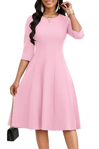 Image of CLOCOR Casual Midi Dresses for Women A-Line Fit and Flare Elegant Church 3 /4 Sleeve Crew Neck Dress with Pocket