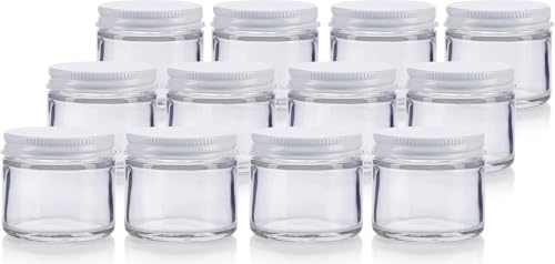 1 oz / 30 ml Clear Thick Glass Straight Sided Jar with White Metal Airtight Lid (12 Pack)