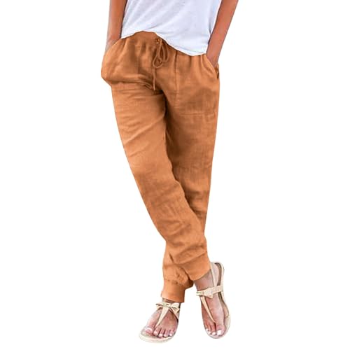 Pantalon fuselé lin coton cordon de serrage taille élastique poches