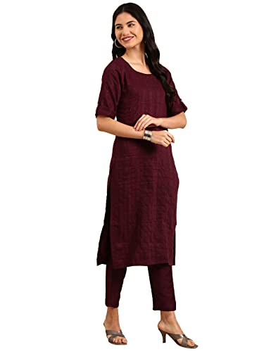 Image of SHOWOFFFF Women Woven Design Two-Piece Straight Ethnic Kurta Set | Scoop Neck 3 /4th Sleeves Silk Kurta Set for Womens | Mid-Rise Regular Fit Calf Length Kurta Set for Women's