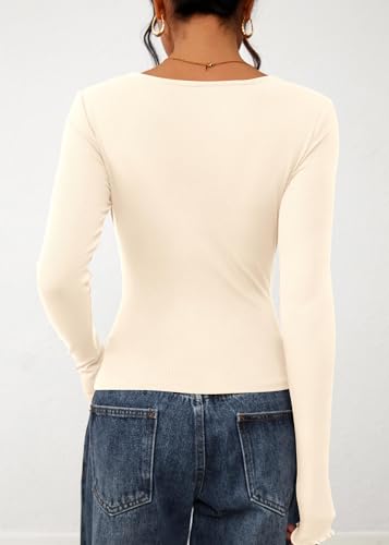 KIRUNDO Going Out Tops for Women Boat Neck Long Sleeve Ribbed Knit Fitted Shirts Exposed Seams Basic Tee Fashion Clothing2