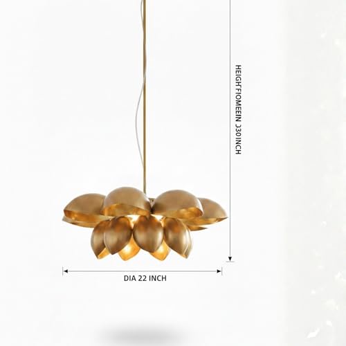 Image of KREATIVE ART'S Pendant Light & Chandelier - 22-Inch Golden Lotus Gold Hanging Lamp, Jhumar Style, Adjustable Height (24 inch-36 inch) for Living Room, Dining, Pooja Room & Balcony Decor (Bulb Included)