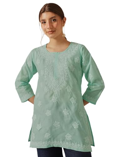 Image of Ada Hand Embroidered Lucknow Chikankari Straight Round Neck Cotton Blend Short Kurti Tunic Top for Women A911333