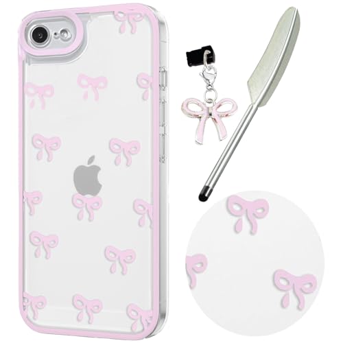 Knoowcase Case for iPhone SE 2022/8, iPhone SE 2020/7, Cute Bowknot Pattern Clear Soft TPU Shockproof Case for Women Girls, Slim Fit Silicone Bumper Shell Drop-Protection Transparent Cover,Pink
