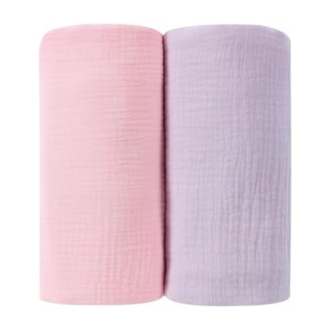 DaysU Muslin Baby Swaddle Blanket, Cotton Swaddling Blankets for Baby Boy and Girl, Nursery Skin-Friendly Baby Receiving Blanket for Newborns, Breathable Swaddle Wrap 2 Pack, 47”x47”-Pink+Lilac Cover