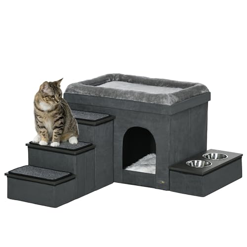 PawHut Katzenhöhle Katzenhütte mit Treppe, Katzenhaus mit 2 Edelstahlnäpfen, Katzenbett, Hundehaus mit Kissen, für Katzen, Hunde bis 8 kg,...