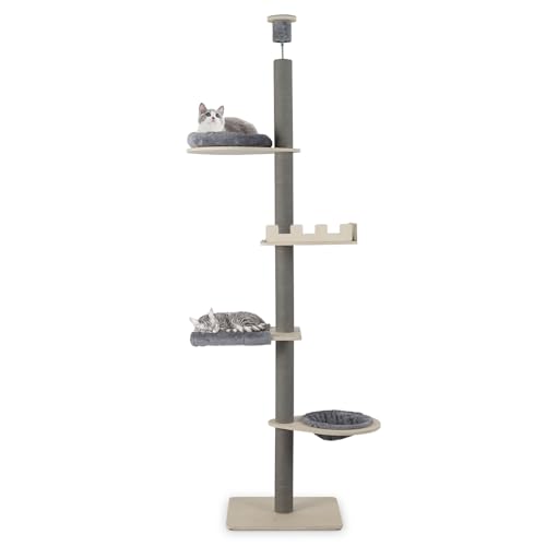 COSTWAY Kratzbaum deckenhoch 236-271 cm von Boden bis Decke 5-stöckiger Katzenbaum Dicke Stämme Katzenkratzbaum hoch Kletterbaum mit Hängematte & Korb & Bett Katzen Katzenmöbel Holz Grau