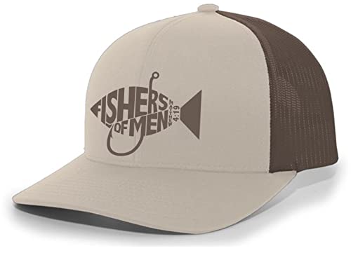 Christian Jesus Fishers of Men Matthew 4:19 Mens Embroidered Mesh Back Trucker Hat, Khaki/Brown