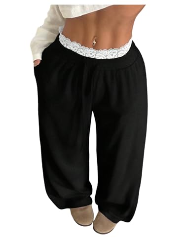 SweatyRocks Women's Plus Size Wide Leg Sweatpants Baggy Elastic Waist Eyelet Lace Trim Sweat Pants with Pocket Trousers