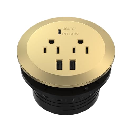 TOPGREENER GaN Desk Grommet with 65W PD for MacBook, Desktop Power Grommet with 1 Fast Charging USB-C Port, 2 USB-A Ports and Duplex Receptacles, TTRP48APD60-GD, Gold