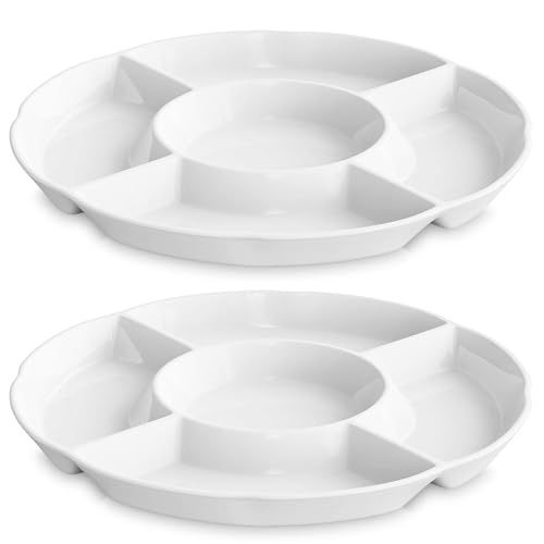 LAUCHUH Veggie Tray Set of 2, Porcelain Chip & Dip Serving Set Divided Serving Platter White Serving Tray for Party, Fruits, Veggies, Candy, Snack, Dessert, 12 inch