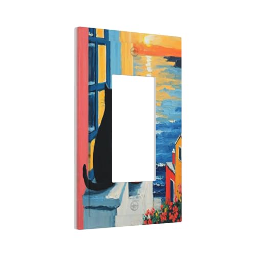 Decorative Outlet Covers Vintage Oil Painting Style Black Cat Sea Flowers 1 Gang Single Decora GFCI Device Light Switch Covers Plate 1 Rocker Wall Plate Jumbo Faceplate for Home Decor