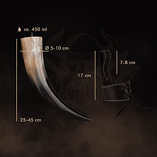 VIKING CRAFT® Drinkhoorn, Viking, ca. 450 ml, authentieke 3-delige hoornset voor Vikingen met honingwijn met riemhouder, methoorn, Viking-decoratie, LARP middeleeuwse bierpul - Image 5