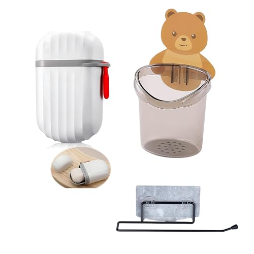 Image of Plastic Wall Mounted Soap Dish Holder | Multi-Use Organizer for Toothbrush, Stationery | Stainless Steel Wall-Mounted Toilet Paper Holder | (White Soap Holder, Grey /Pink Toothbrush Holder)