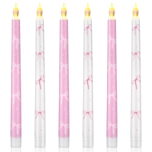 Image of Conelist 6 Pcs Pink Bow Flameless Taper Candles 10.6 Inch Coquette LED Battery Operated Candles for Birthday Bridal Wedding Dinner Room Decor