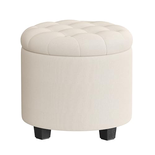SONGMICS Sitzhocker rund, Fußhocker mit Stauraum, Schminkhocker mit Füßen, 45 x 45 x 44,5 cm, Leinenimitat, bis 150 kg belastbar, für Wohnzimmer Schlafzimmer, Hellbeige LOM011W01