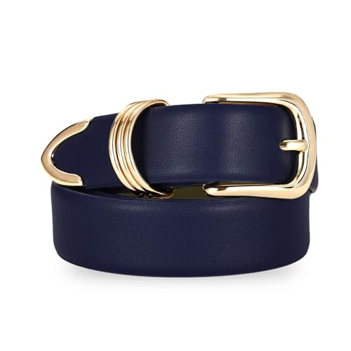 RISANTRY Womens Navy Blue Belts with Gold Buckle Elegant Leather Waist Belt Ladies Belts for Jeans Dress & Casual Wear