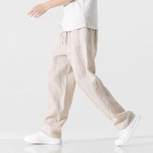 Mokaloha Mens Pants, Elastic Waist Pocket Trousers, Embroidered Logo Drawstring Loose, New Men's Casual Hemp Fabric3