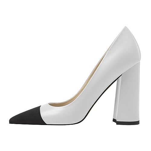 FOWT Women Pointed Cap Toe Pumps Slip on Chunky High Heels Formal Office Evening Wedding Shoes Size 4-16 US3