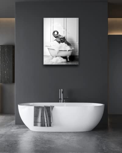 Ihery Funny Bathroom Wall Art Decor, Waterproof 12X16In Black And White Quality Canvas Wall Art Pictures, Wood Framed Funny Elephant Bathing Animals Abstract Prints For Bedroom Kids Room 1 Pack #TOP4