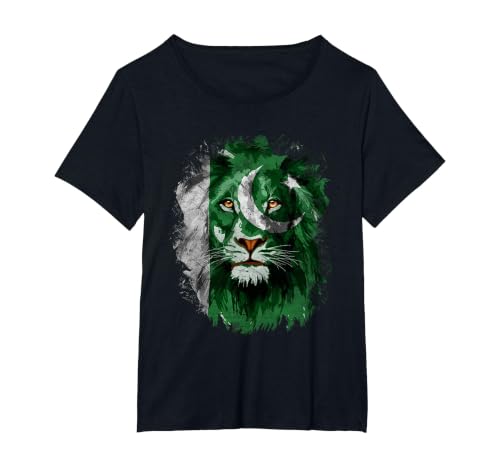 Pakistan Flag Lion Face Pakistani Pride Vintage T-Shirt, Women's Plus, Black, 1X