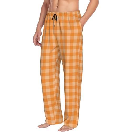 Mens Pajama Pants - Orange White Plaid Print (A) Soft Sleep Lounge Pants For Men, Casual Pj Bottoms With Pockets