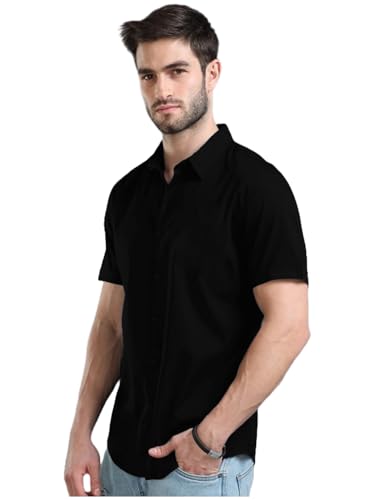 Image of LEOTUDE Men's Cotton Blend Solid Half Sleeve Slim Fit Shirt For Men
