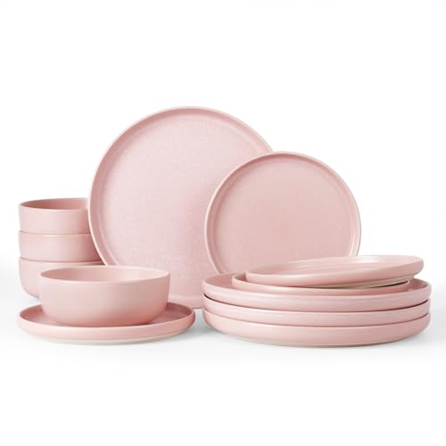 Image of Famiware Milkyway Plates and Bowls Sets, 12 Pieces Dinnerware Sets, Reactive Glaze Dish Set, Stoneware Dishes Set for 4, Light Pink