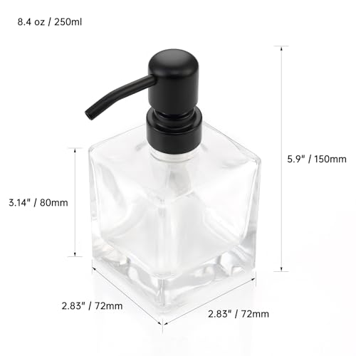 Image of Square Bathroom Soap Dispenser Black, 8.4 oz Glass Bottles with Stainless Steel Pump Cube Liquid Hand Soap Dispenser Kitchen