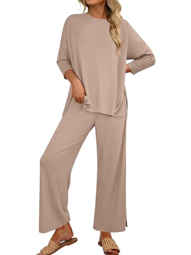 ANRABESS Women's 2 Piece Outfits 3/4 Sleeve Loose Tops Wide leg Pants Lounge Pajama Set Casual Travel Loungewear Clothes light brown Small