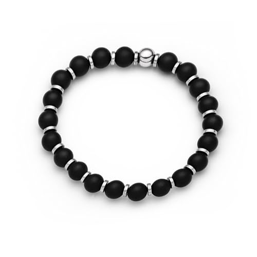 DUR Armband aus schwarzem Achat mit Hämatitscheiben und 925er Sterling-Silber Kugel – Elegantes Design, Maße: 19 cm x 6 mm, A1606.16