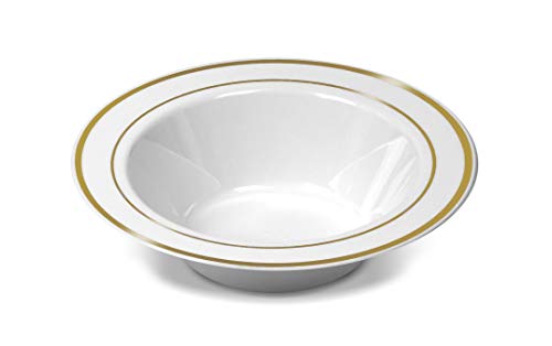 50 Disposable White Gold Trim Plastic Dessert Bowls | Small 6 Oz. Premium Heavy Duty Disposable Dinnerware With Real China Design | Safe & Reusable And Great For Parties (50-Pack) By Bloomingoods #TOP2