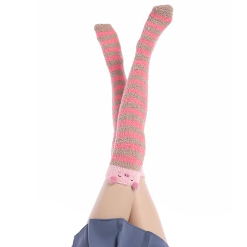 Image of Thigh High Fuzzy Socks Cute Animal Coral Fleece Over the Knee Thigh High Long Stockings Warm Stripe