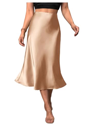 Verdusa Women's Satin Summer Skirts Elegant High Waisted Flared Hem Midi Skirt