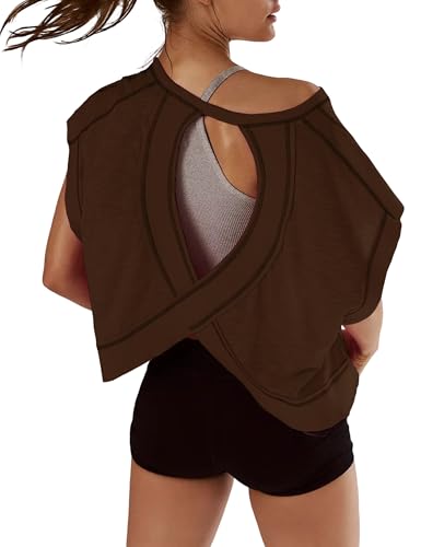 Kumufenc Womens Oversized Tshirts Open Back Batwing Sleeve Gym Shirts Boat Neck Slouchy Tees Workout Athletic Top(Coffee,L)