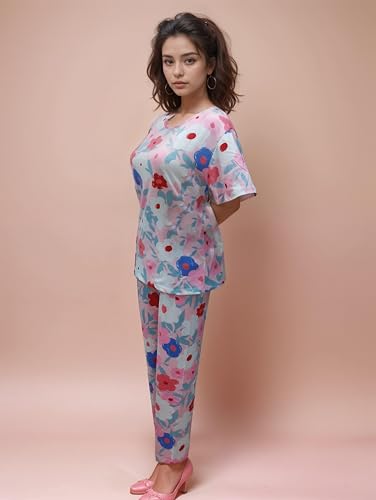 Image of Women's Cotton Round Neck Printed Night Suit - Cozy and Stylish Multicolor Pajamas with Multiprint and Multi-Design Options