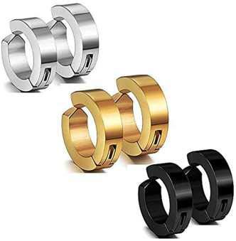 Piercing Men Jewellery Silver Studs Clip On Combo Black Hoop Earings Ear rings Earrings For Men Boys Gents Girls Boyfriend Girlfriend - BALI-M9168 (6 PCS)-image-4
