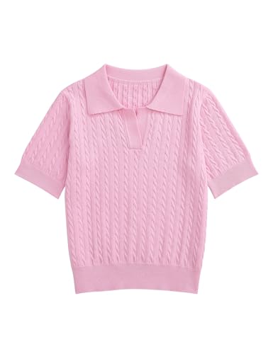 Girls Short Sleeve Polo Shirt Summer Knit School Uniform Blouse V Neck Cable Pullover Sweater Tops 5-14 Years