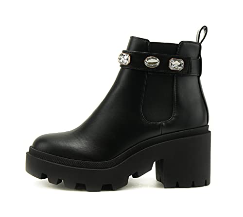 Soda PROFILE Women Lug Sole Mid Heel Chelsea Fashion Ankle Bootie w/Gleaming Studs (Black, numeric_10)