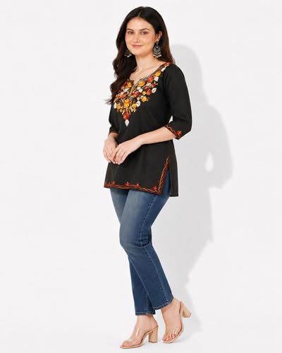 Image of Women's Gulnar Pure Cotton Kashmiri Embroidered A-line 3 /4 Cuff Sleeves Kurti | Short Kurta
