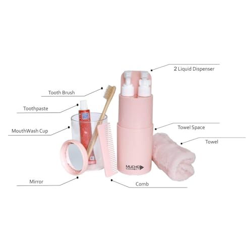 Image of 6 in 1 Travel Essential Kit for Men & Women | Compact Travel Kit for Toiletries with Travel Bottle Kit for Toiletries, Mini Travel Kit, Toothbrush Holder & Leak-Proof Dispenser (Peach)
