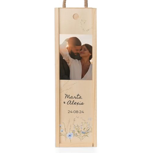 Wanapix | Caja de Vino Personalizada con Fotos y Textos | Caja de Madera con Tapa Corrediza y Asa | Capacidad 1 Botella | Regalo Boda | 11 x 37,5 x 10,5 cm