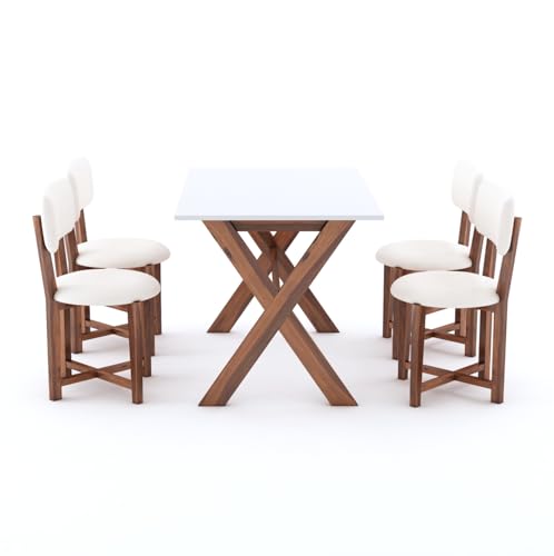Image of Sheesham Wood 45 inch Inch Dining Table 4 Seater | Marble Finish Four Seater Dinning Table Set with 4 Upholstered Dining Chairs | Table: Criss Cross Design | Chair: Premium Round Edge | Rosewood, Honey