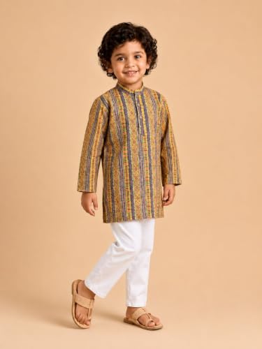 Image of The Mom Store Boys Printed Cotton Kurta Pajama Set With Jacket | Soft And Comfortable Ethnic Wear For Baby /Kids Boys | Full Sleeves Kurta Pyjama Set | Traditional Indian Outfit