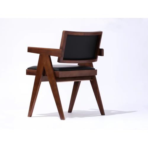 Image of Solid Wood Arm Chair with Cushion and Cane Back Support Chair Living Room Bedroom Home Wooden Armchair Furniture Garden Balcony Outdoor & Indoor (Walnut Chair with Black Leather 2)