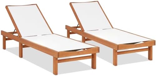 COSTWAY Set of 2 Patio Wood Chaise Lounge Chair, Strong Eucalyptus Wood Frame, 5-Position Adjustable Outdoor Recliner with White Mesh