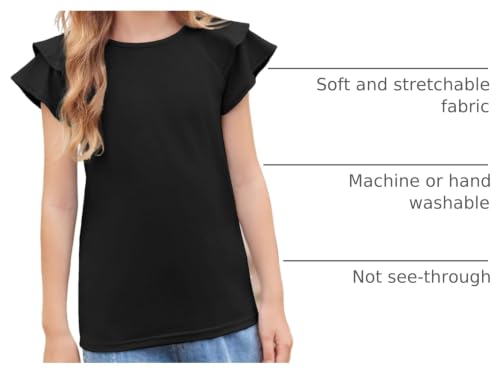 Image of Girls T Shirts Ruffle Short Sleeve Round Neck Loose Blouse Summer Solid Color Casual Girl Tee Tops for 3-12 Years